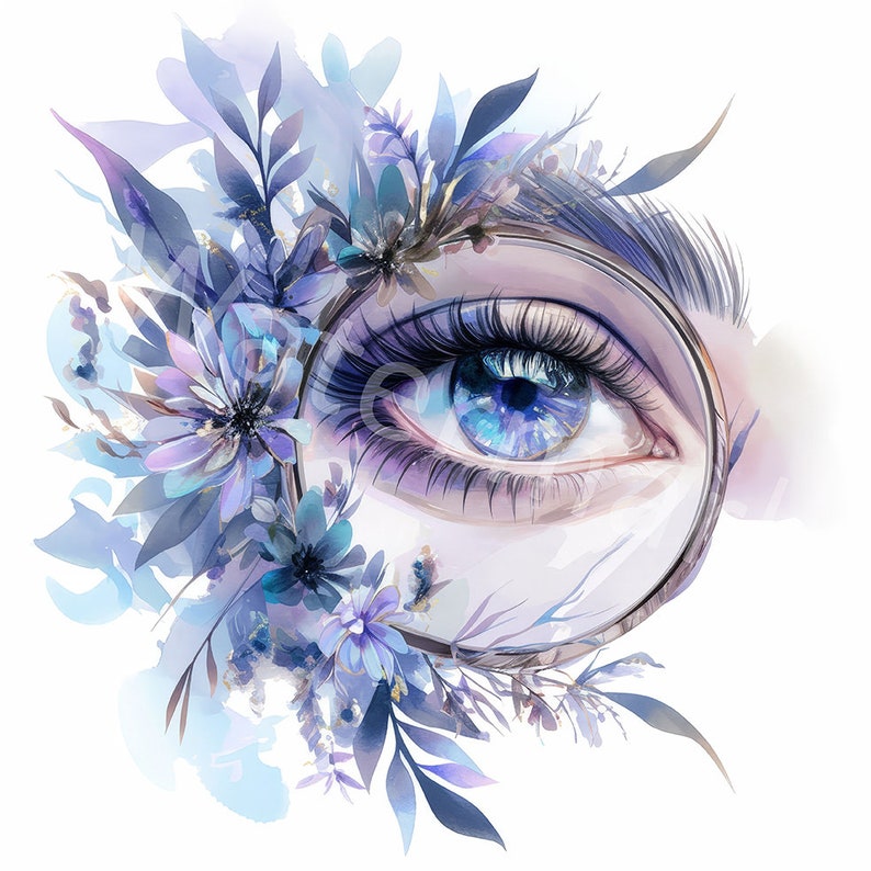 May include: A watercolor painting of a blue eye with long eyelashes, surrounded by blue and purple flowers and leaves.