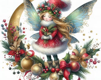 クリスマスの妖精のクリップアート：水彩画の冬の休日 JPG（デジタル