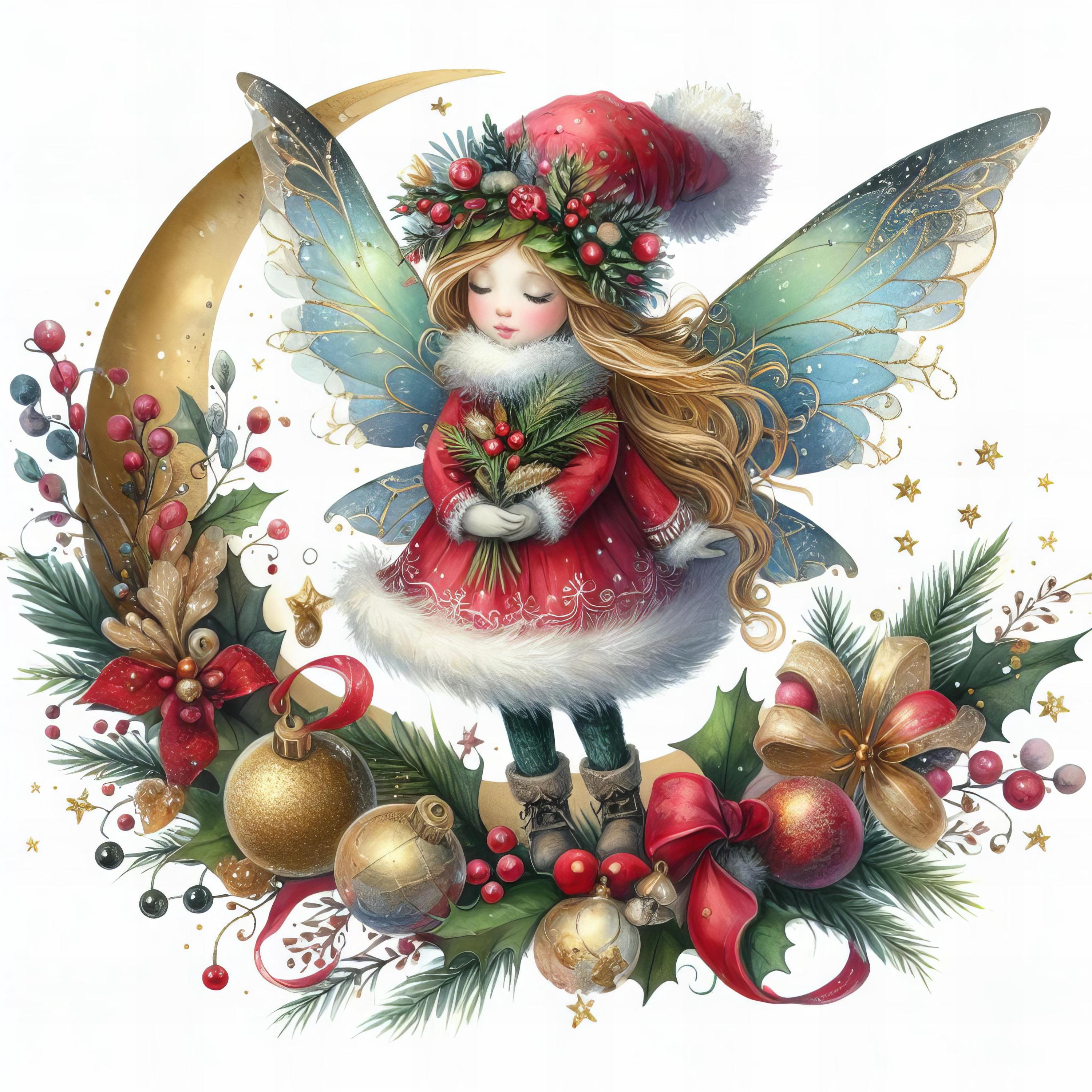 クリスマスの妖精のクリップアート：水彩画の冬の休日 JPG（デジタル