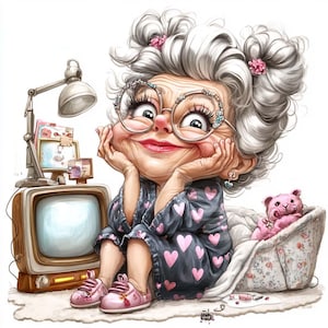 Drôle vieille dame avec des cliparts TV vintage, 12JPG, grand-mère folle, femme joyeuse, journal indésirable, créations numériques en papier, autocollants, téléchargement numérique