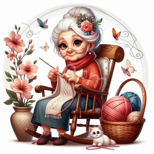 K&ouml;nnte beinhalten: Eine wei&szlig;haarige Frau mit einem Blumenkopfband sitzt in einem Schaukelstuhl und strickt einen wei&szlig;en Schal. Sie tr&auml;gt einen roten Pullover und einen roten Schal. Ein wei&szlig;es K&auml;tzchen sitzt auf dem Boden neben einem Weidenkorb voller Wolle.