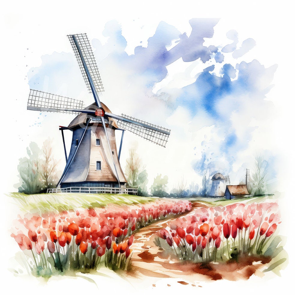 Watercolor Dutch Windmill Clipart: Landscape JPG Images (digital ...