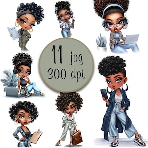 Chibi Black Girl Clipart Cute Afro Woman Art Digital Download Kawaii Fashion Illustration Scrapbooking Card Making Journal Graphics 11 JPG