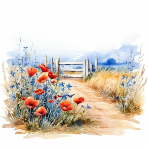 May include: A watercolor painting of a white picket fence with a dirt path leading through a field of red poppies and blue wildflowers.