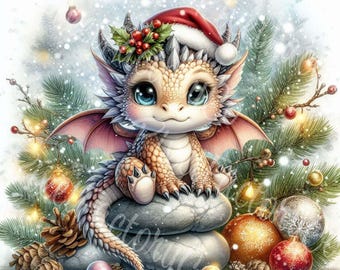 Christmas Baby Dragon Clipart, Santa Hat, JPG (Digital Files)