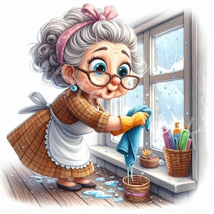 Funny old lady clipart, 12 JPG, digital download, grandma graphic, old woman washing windows, junk journal,wall art,paper crafts, scrapbooks