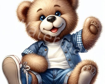 Può includere: Un orsacchiotto marrone che indossa una giacca di jeans blu, una maglietta bianca e jeans blu. L'orso è seduto con una zampa alzata e indossa scarpe da ginnastica blu.