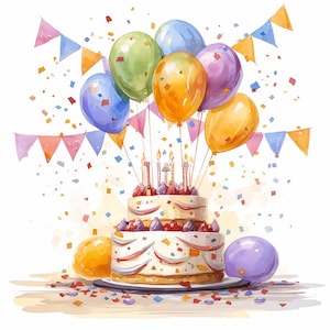 Clipart de gâteau d'anniversaire aquarelle, 12 jpg, téléchargement numérique, ballons et bannières d'anniversaire, créations numériques en papier, fabrication de cartes, journal de bordel