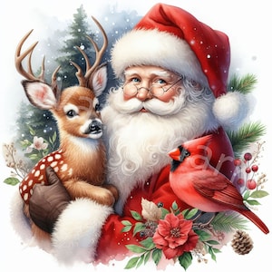 Clipart di Babbo Natale di Natale, 12 jpg, download digitale, clipart acquerello, creazione di biglietti, renne di Natale, diario spazzatura, libro dei ricordi