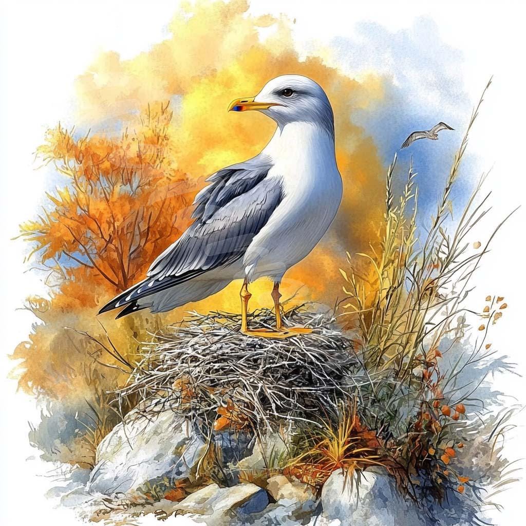 水彩カモメのクリップアート：海辺の鳥のグラフィック（デジタル