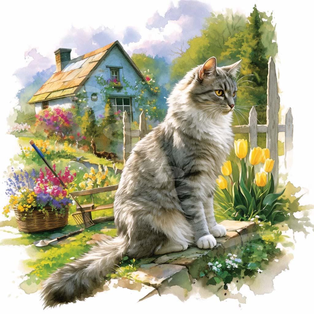 水彩画風の猫の庭のクリップアート：素朴な花のイラスト（JPGデジタル