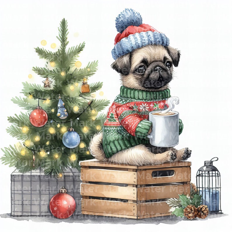 Christmas Pug Clipart: Watercolor Dog, Holiday Card Making (digital ...