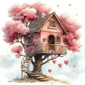 Clipart di casa sull'albero di San Valentino Cuore Decorazioni per San Valentino Download digitale Artigianato di carta Album di ritagli Biglietti, adesivi Diario spazzatura 12JPG