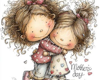 Mom and Daughter Clipart: Whimsical Floral Illustration (Digital Download)