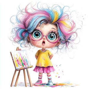 Clipart fille drôle peintre artiste coloré fille Art numérique JPG clipart pour enfants artisanat cartes décorations de fête projets de scrapbooking