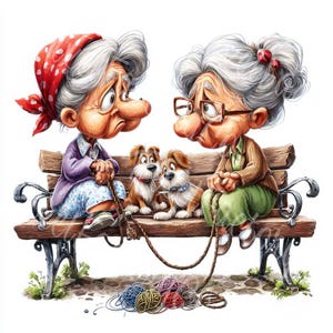 May include: A whimsical illustration depicts two elderly women sitting on a park bench, each holding a leash attached to a small dog. The dogs are brown and white. Colorful yarn balls are at their feet. One woman wears a red polka-dot scarf.