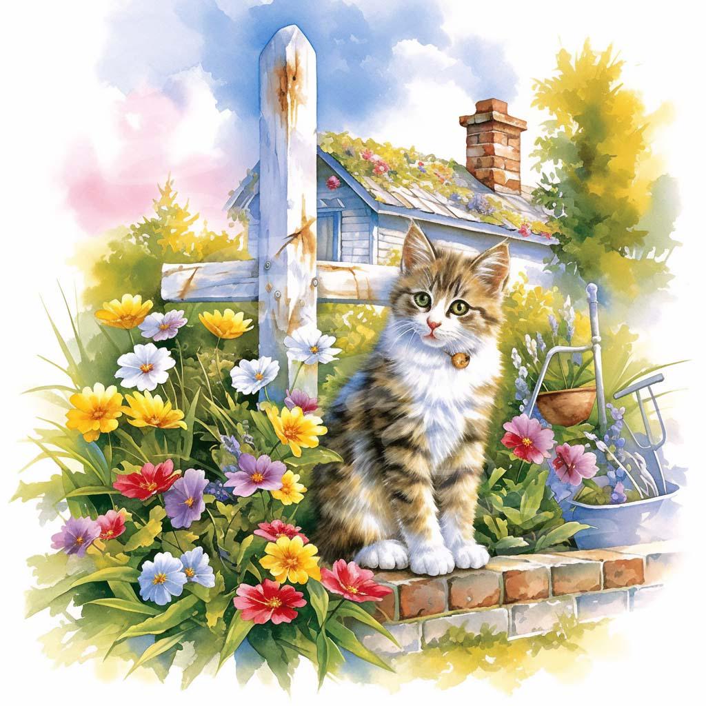 水彩画風の猫の庭のクリップアート：素朴な花のイラスト（JPGデジタル