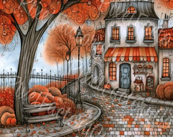 Whimsical Autumn Village Clipart Storybook Houses Fantasy Town Illustrations Digital Download Journals 11 JPG