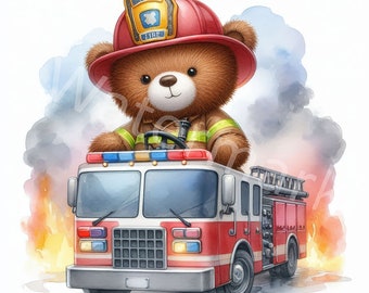 Watercolor Firefighter Teddy Bear Clipart: Children's Illustration (Digital Download)
