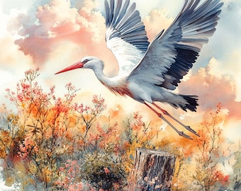 水彩コウノトリのクリップアート：鳥のイラスト、デジタルペーパー