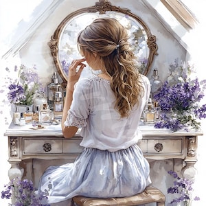 May include: A woman in a white dress and a blue skirt sits at a vanity table with a mirror and a bouquet of lavender flowers. She is looking at her reflection in the mirror.
