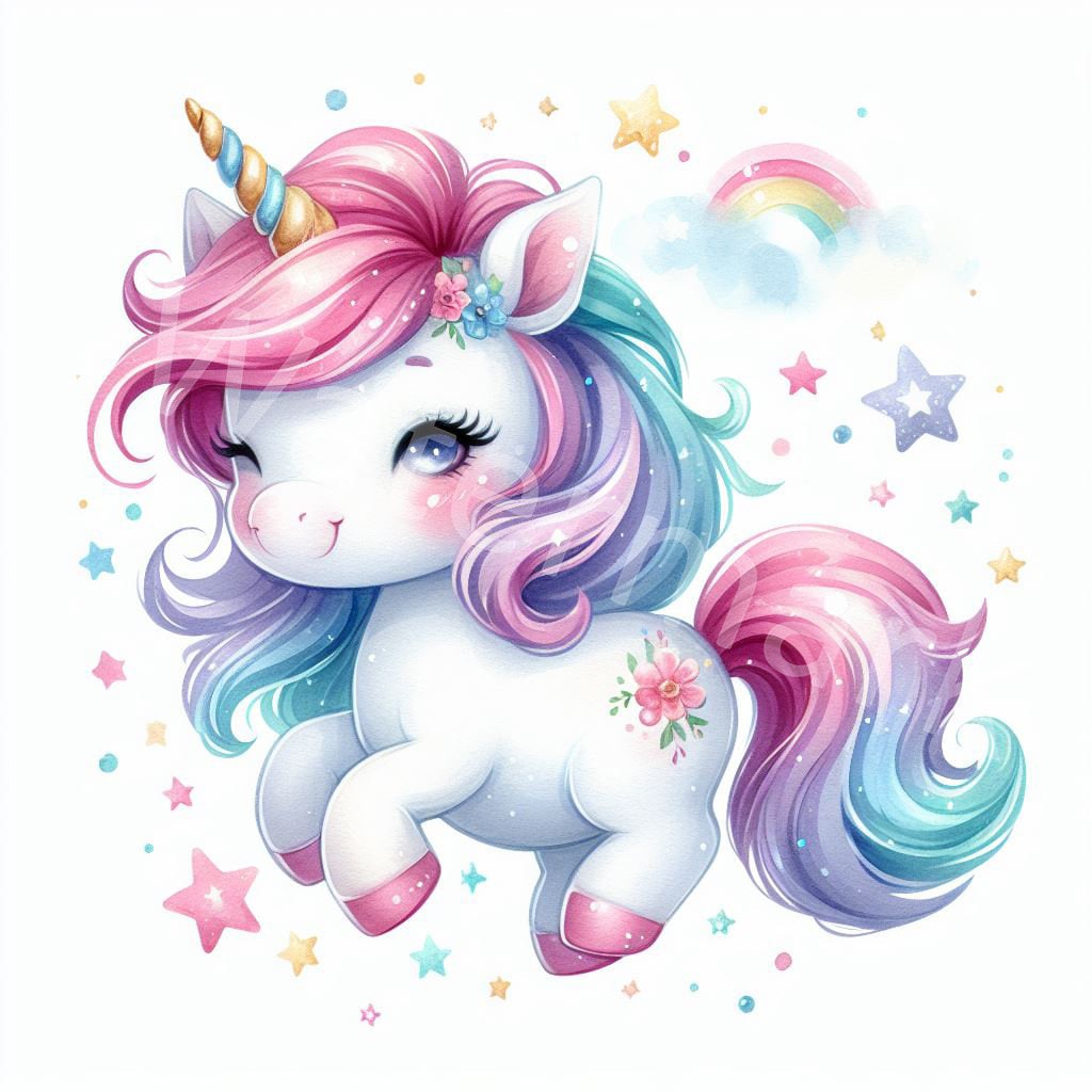 水彩ユニコーンのクリップアート：赤ちゃんのイラスト（デジタル