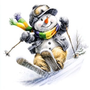 Watercolor Snowman Clipart 10 JPG Bundle Funny Holiday Winter Illustration Skating Sledding Skiing Snow Character Card Crafts Commercial Use