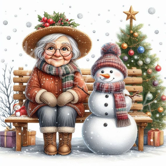クリスマスのおばあちゃんと雪だるまのクリップアート：水彩画 JPG
