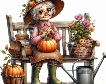 Autumn Garden Grandma Clipart: Watercolor Senior Lady Graphics (Digital Download)