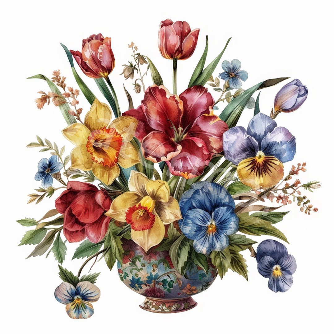 水彩画の春の花のクリップアート：生け花のフローラルアート（デジタル