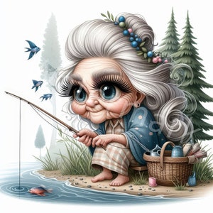 K&ouml;nnte beinhalten: Eine Cartoon-Illustration einer &auml;lteren Frau mit langen wei&szlig;en Haaren und gro&szlig;en blauen Augen, die in einem See angelt. Sie tr&auml;gt einen blauen Cardigan und ein kariertes Kleid. Sie h&auml;lt eine Angelrute in der Hand und einen Korb mit Utensilien neben sich.