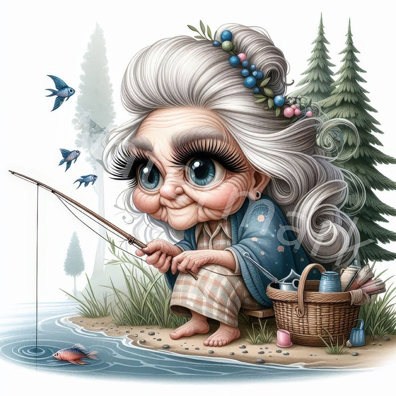K&ouml;nnte beinhalten: Eine Cartoon-Illustration einer &auml;lteren Frau mit langen wei&szlig;en Haaren und gro&szlig;en blauen Augen, die in einem See angelt. Sie tr&auml;gt einen blauen Cardigan und ein kariertes Kleid. Sie h&auml;lt eine Angelrute in der Hand und einen Korb mit Utensilien neben sich.
