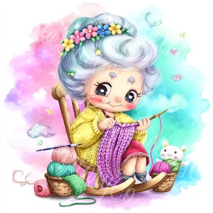 Conjunto de imágenes prediseñadas de abuela divertida, descarga digital, linda abuela enojada, triste y feliz, arte pastel, caricatura de anciana, archivos JPG para manualidades, tarjetas, álbumes de recortes.