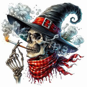 May include: A skull wearing a black witch's hat with a red band and a red and white checked scarf. The skull is smoking a cigarette and there is smoke coming from the cigarette and the hat.