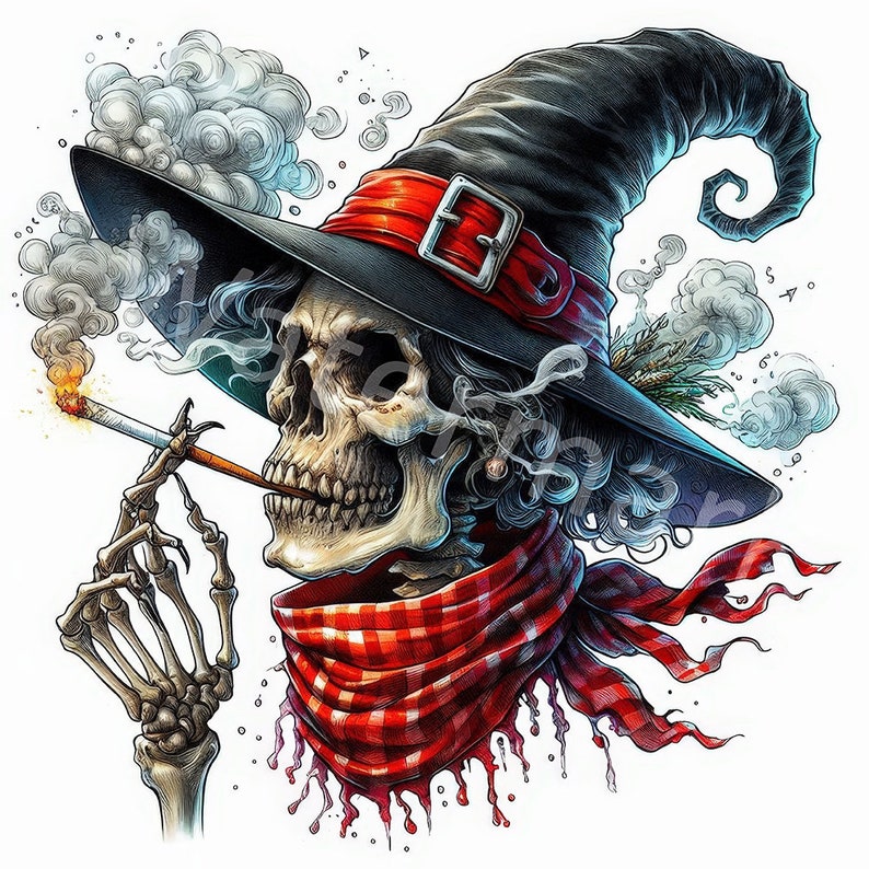 May include: A skull wearing a black witch's hat with a red band and a red and white checked scarf. The skull is smoking a cigarette and there is smoke coming from the cigarette and the hat.