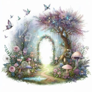 May include: A whimsical illustration of a magical forest scene with a glowing archway, a large tree with pink blossoms, and a path leading to a bright light. The scene is filled with butterflies, mushrooms, and flowers.