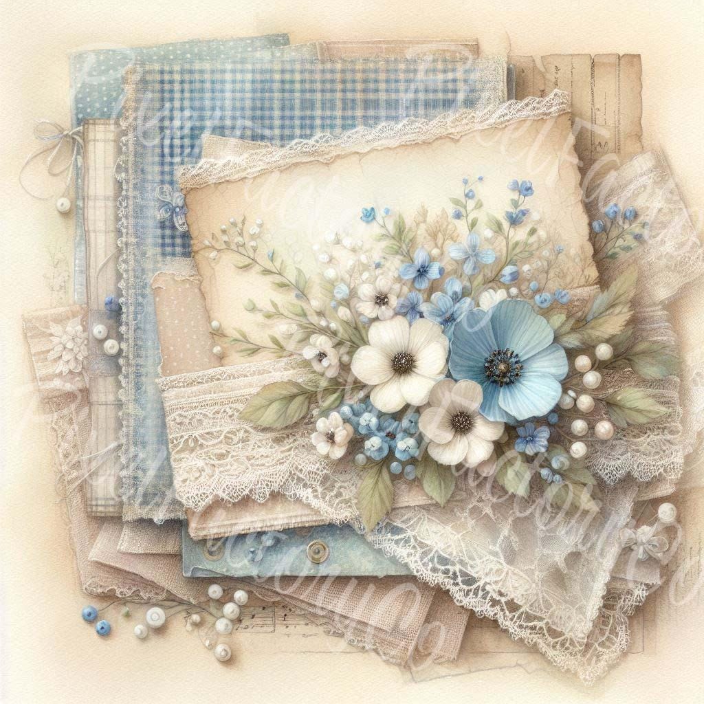 Blue Floral Calico Paper: Vintage Scrapbook Clipart (digital Download ...