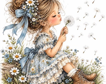 Whimsical Girl Clipart Vintage Storybook Cottagecore Wildflower Illustrations Digital Download For Journals 12 JPG