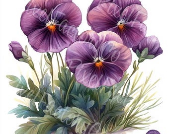 Watercolor Pansy Flower Clipart  For Scrapbooking Cards Junk Journal Digital Download 12 JPG