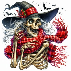 May include: A skeleton wearing a witch's hat and a red and black checked scarf. The skeleton has a surprised expression on its face. There are bats flying in the background.