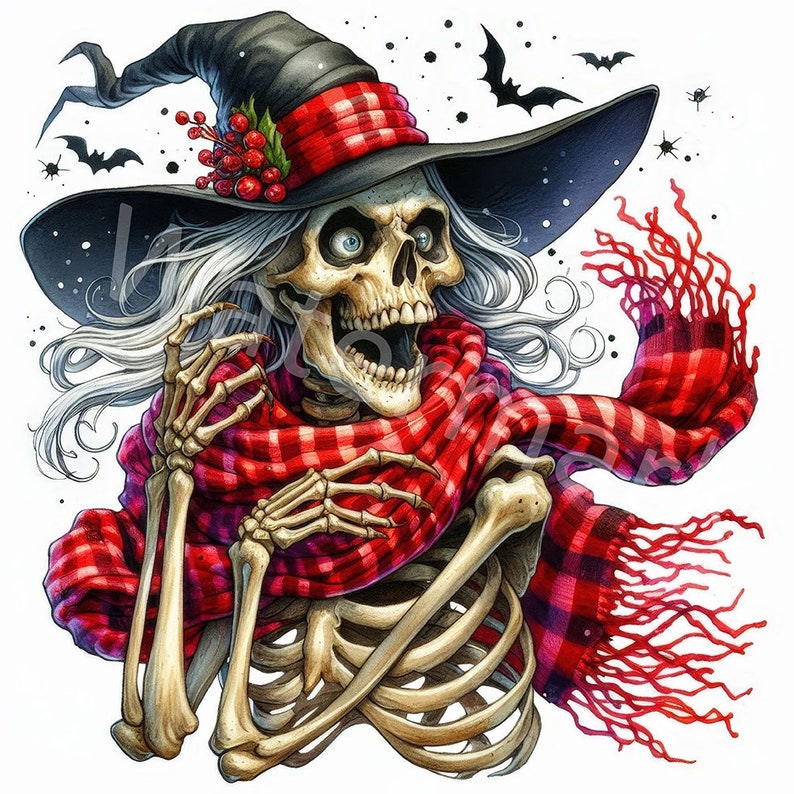 May include: A skeleton wearing a witch's hat and a red and black checked scarf. The skeleton has a surprised expression on its face. There are bats flying in the background.