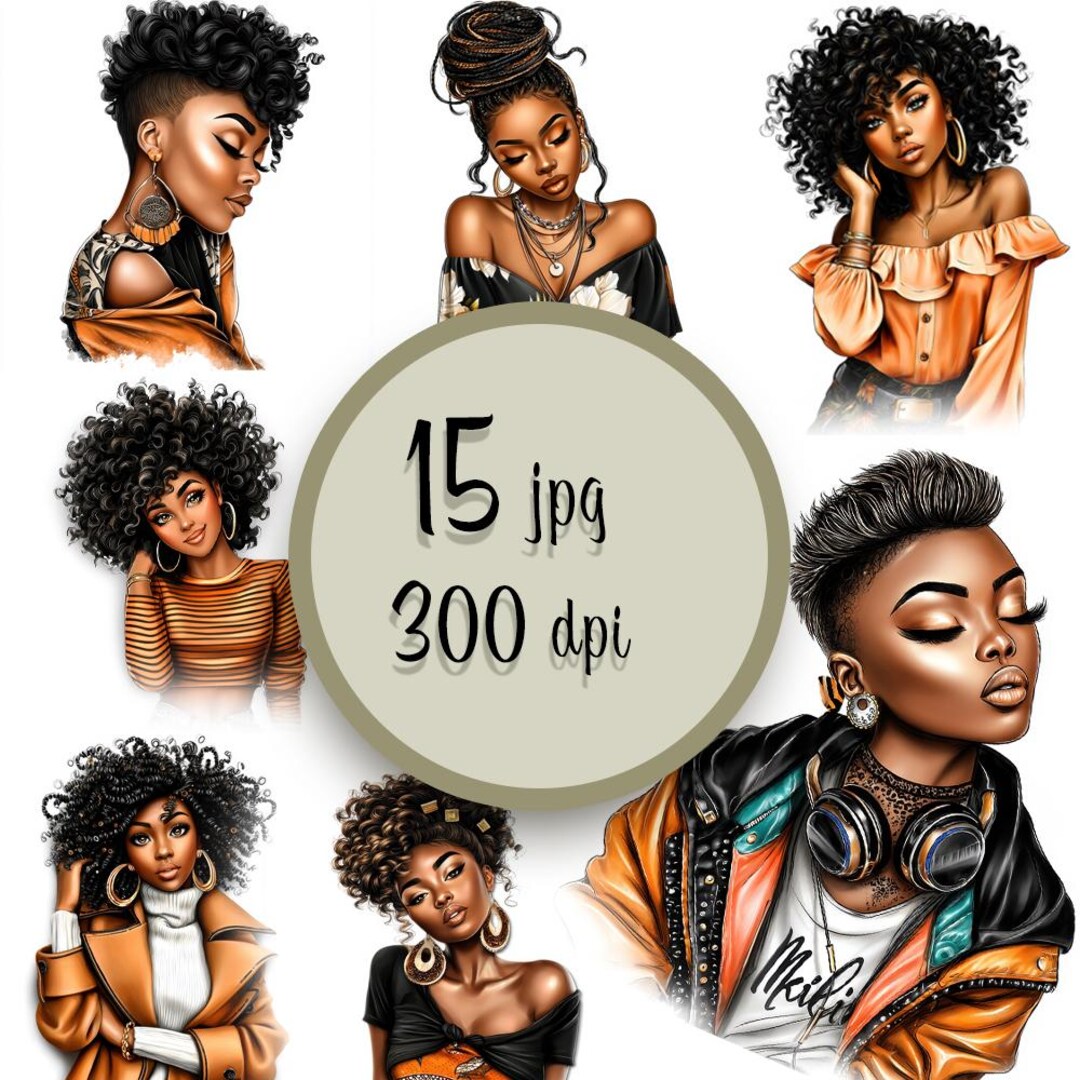 Black Woman Clipart: Fashion Girl Art, Afro Illustration (15 JPG ...
