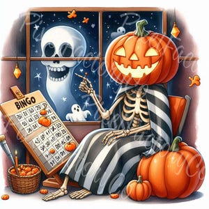 Könnte beinhalten: Eine skurrile Halloween-Illustration zeigt ein Skelett mit einem Kürbiskopf beim Bingo-Spielen. Das Skelett sitzt und trägt einen schwarz-weiß gestreiften Umhang. Ein Geist und eine Jack-o'-Lantern sind durch das Fenster zu sehen. Ein Korb mit Kürbissen und eine Bingo-Karte sind im Vordergrund.
