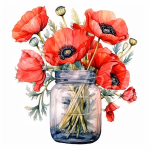 Poppies flowers clipart, 12 jpg, digital download, digital paper craft, poppies in jar, card making, invitation making, junk journal clipart