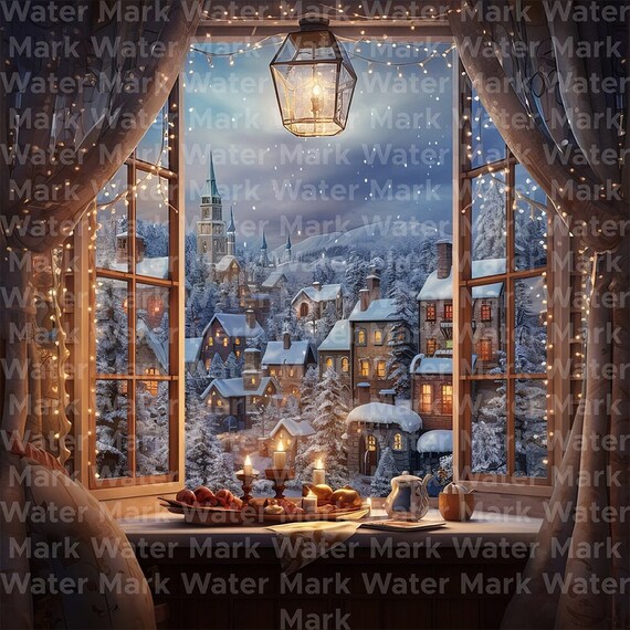 水彩画のクリスマスウィンドウクリップアート：冬の風景 JPG（デジタル
