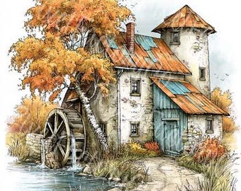 Autumn Watermill Clipart Vintage Windmill Watercolor Countryside Illustrations Junk Journal Digital Download