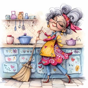 Funny Grandma Kitchen Clipart Digital Download Cleaning Art For Cards Stickers Scrapbooking Planner Craft DIY Projects 12 JPG Junk Journal
