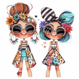 Meilleurs amis Clipart JPG Boho Girls Illustration mode estivale colorée téléchargement d'art numérique BFF mignon oeuvre d'art cartes d'amitié