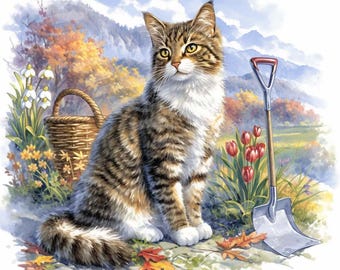水彩画風の猫の庭のクリップアート：素朴な花のイラスト（JPGデジタル