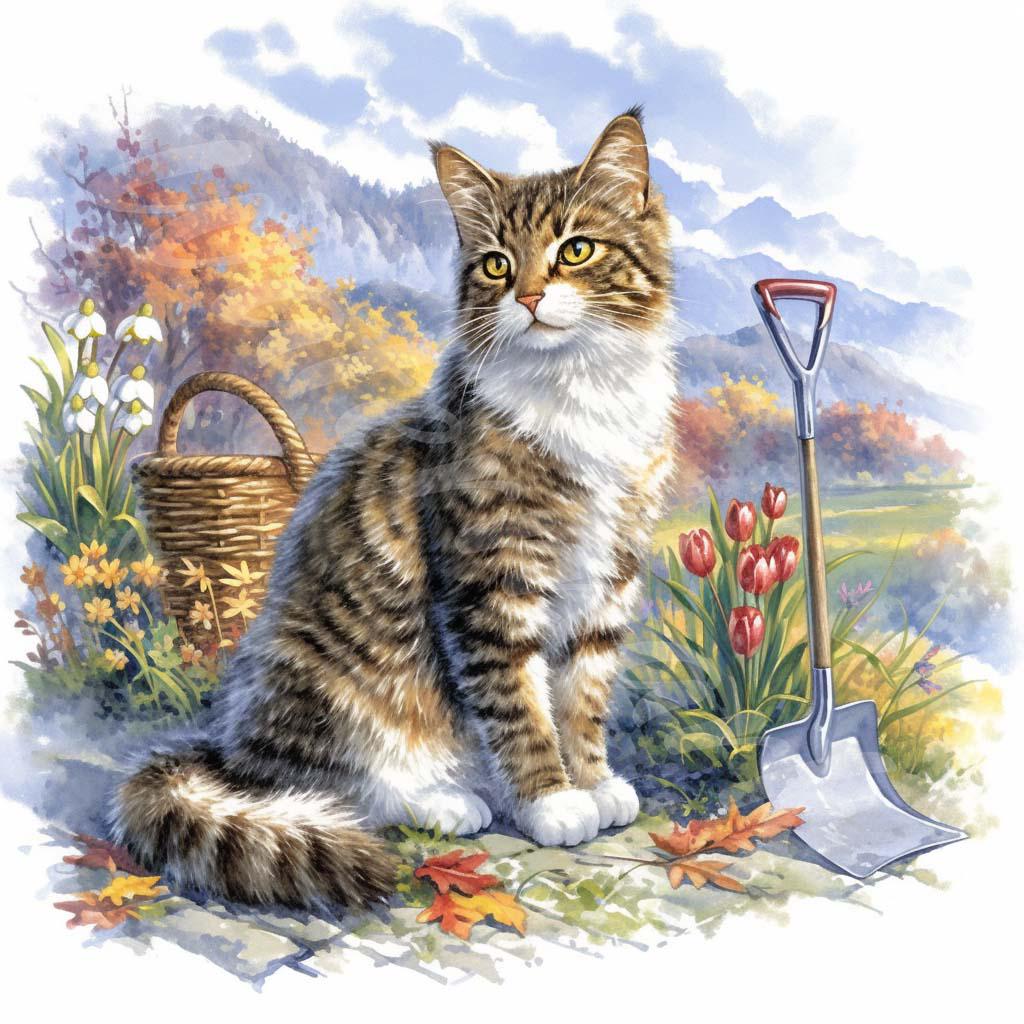 水彩画風の猫の庭のクリップアート：素朴な花のイラスト（JPGデジタル